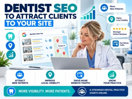 Dentist SEO graphic showing a clinician at a laptop, Tampa local search results, and new patient growth benefits
