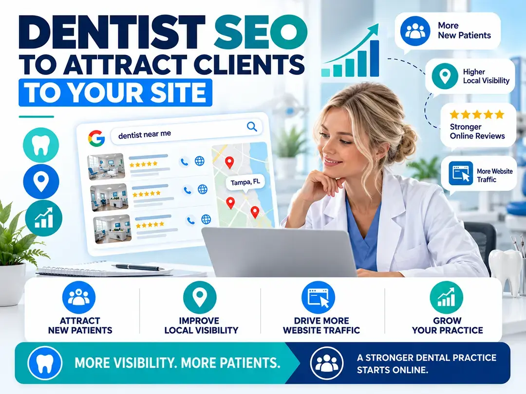 Dentist SEO graphic showing a clinician at a laptop, Tampa local search results, and new patient growth benefits