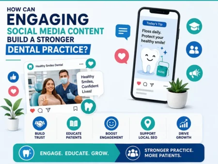 Graphic illustrating how engaging social media content can strengthen a dental practice, showing icons for building trust, ed